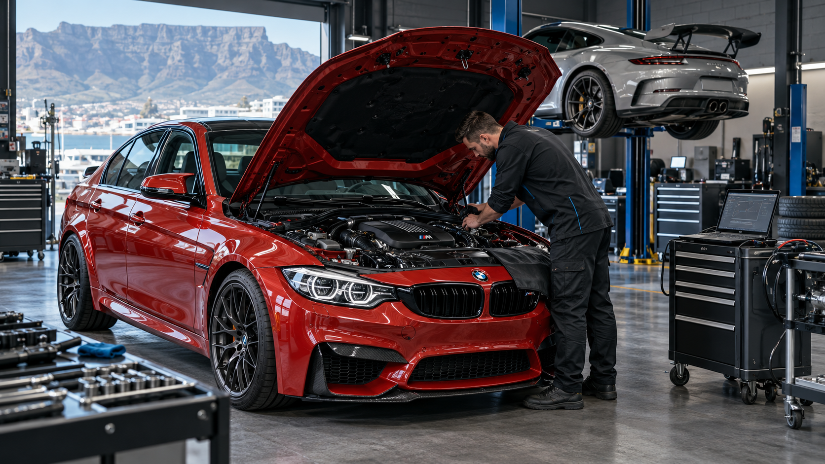 eTuners workshop — BMW M3 being serviced